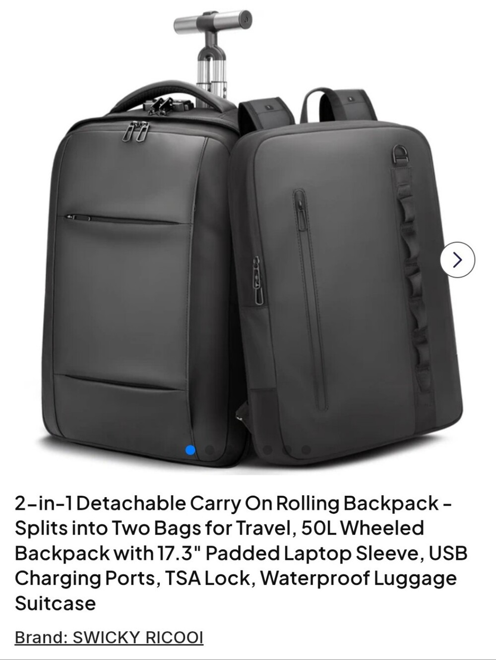 2-in-1 Detachable Carry-On Rolling Backpack TSA Lock Dual Charging Ports 50L